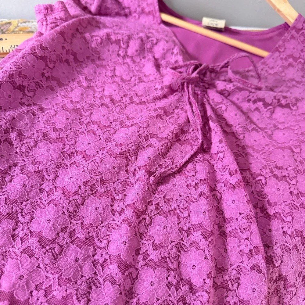 Faded Glory Top Babydoll Coquette Y2K Fuschia Floral Lace Short Sleeve Women's S - Picture 6 of 8